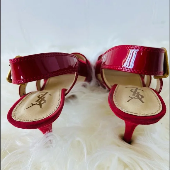 RED YSL Patten Leather & Suede mix high heels sandals. Open Toe, Slingback - Picture 13 of 16